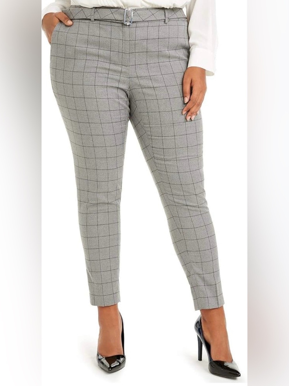 CALVIN KLEIN WINDOWPANE ANKLE PANTS STRAIGHT-LEG WOMENS PLUS GRAY COLOR SIZE 24W